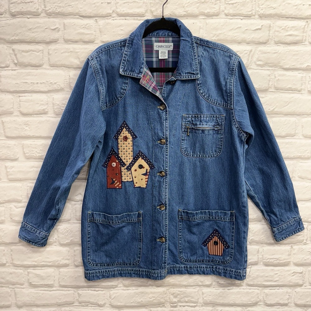 Vtg Cabin Creek Embroidered Denim Jean Chore Jacket Oversized Barn Coat Womans M